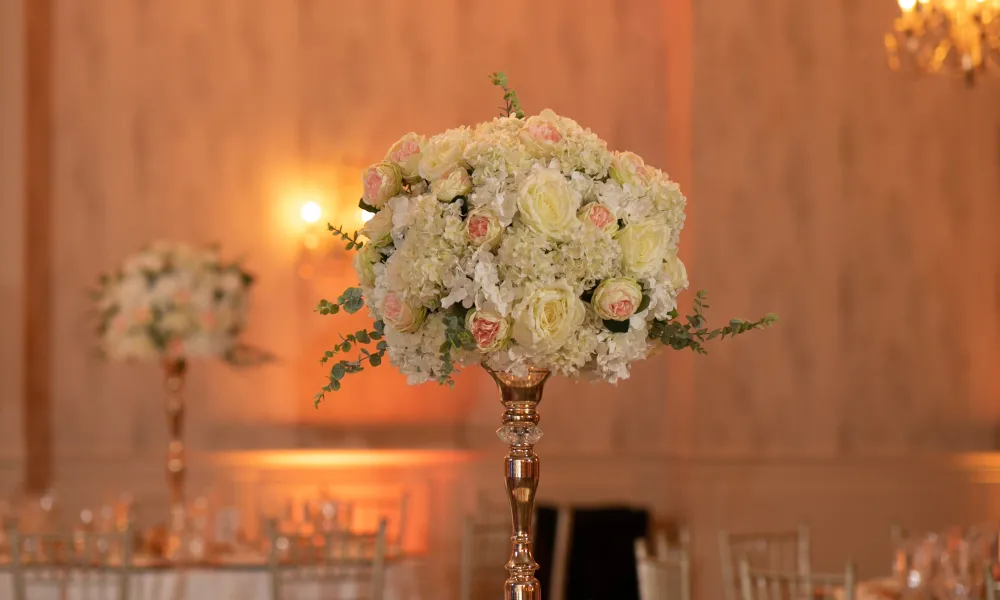 Flower Centerpieces on table for wedding reception