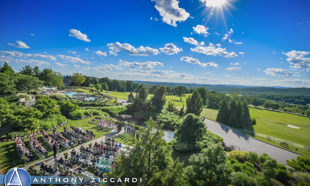 Overhead of wedding garden looking to the mountains in the distance