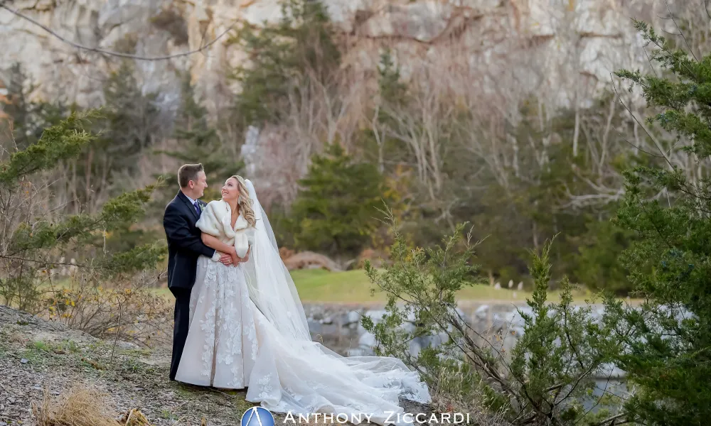 Winter bride and groom at the Quarry