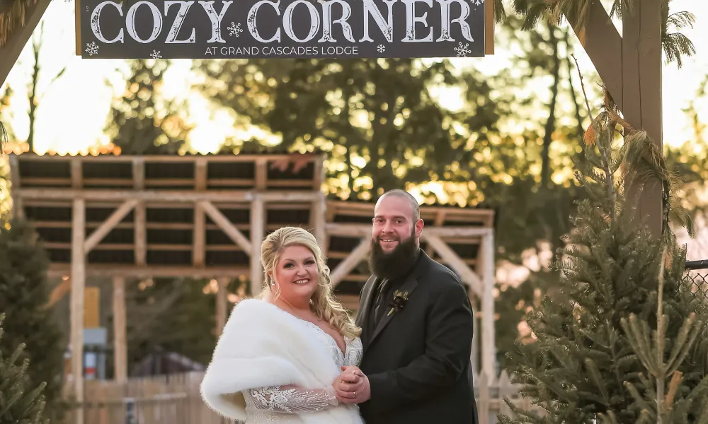 Bride and Groom at the Cozy Corner at Crystal Springs Resort