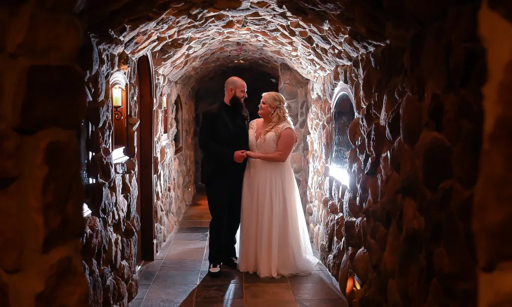 Bride and Groom in the Wine Cellar at Crystal Springs Resort