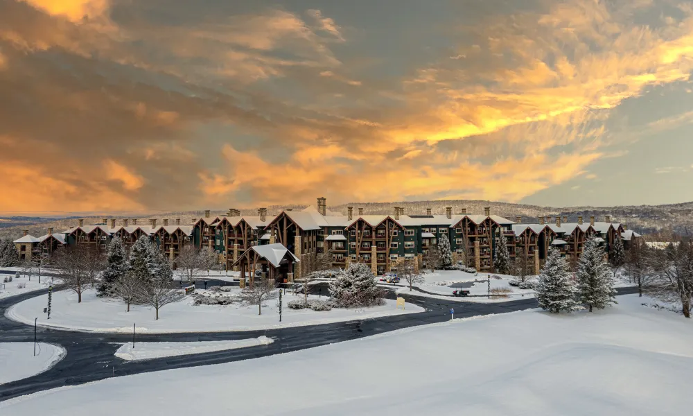 Overview during winter season of Grand Cascades Lodge at Crystal Springs Resort in NJ