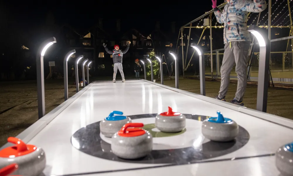 Curling stones on ice.