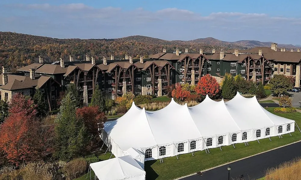 An overhead view of Grand Cascades Lodge at Crystal Springs Resort