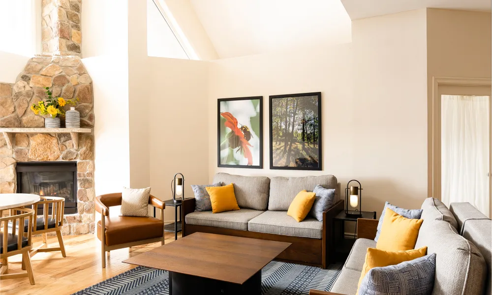 Living room in suite at Grand Cascades Lodge at Crystal Springs Resort in NJ