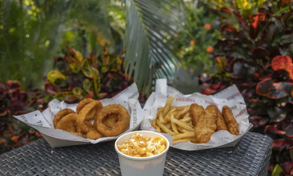 Onion rings, chicken tenders, fries and mac and cheese.