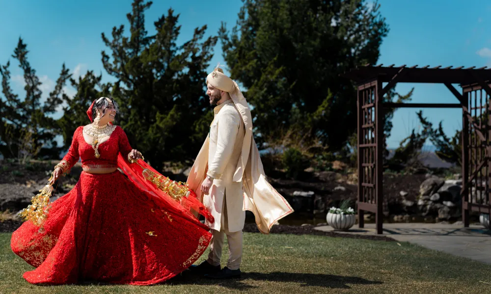 Indian bride and groom in the wedding garden