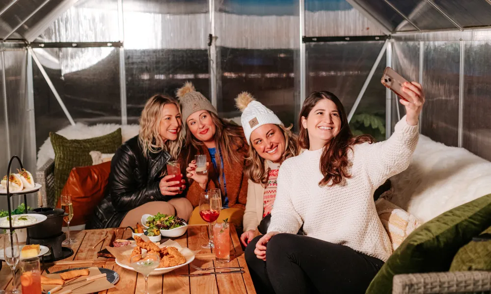 Group of girlfriends taking selfie in Champagne Chalet