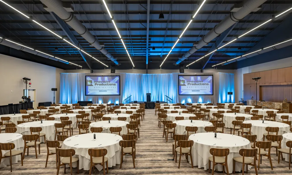 Canyon Ballroom at Minerals Hotel set up with round tables.