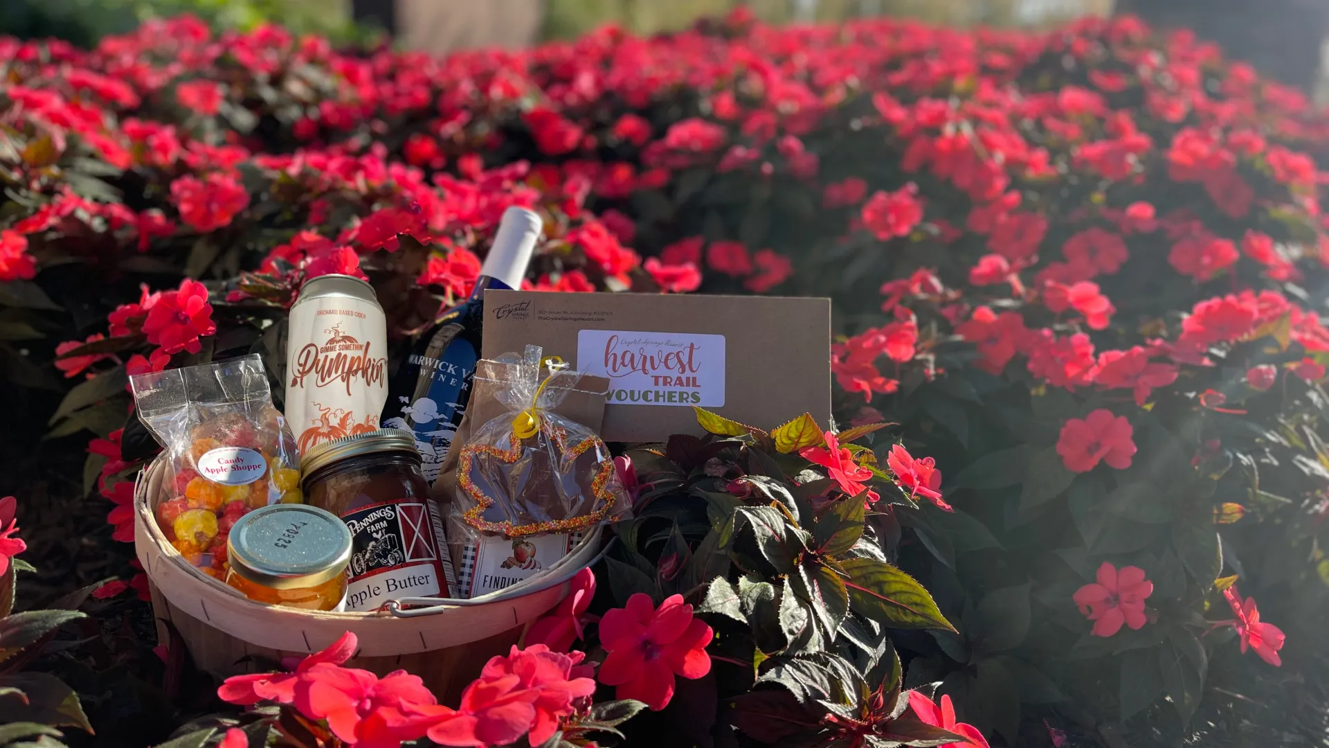 Havest trail basket featuring wine, local honey, pumpkin butter, kettle corn and more. 