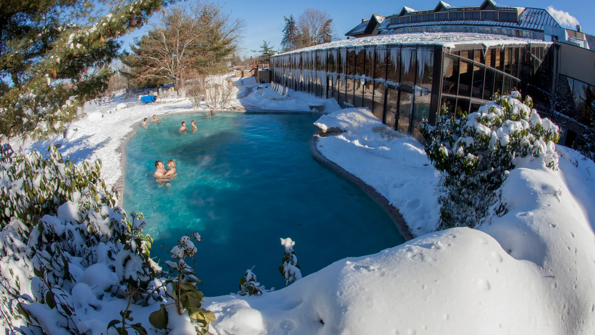 Overview of Minerals Hotel snow pool at Crystal Springs Resort in NJ