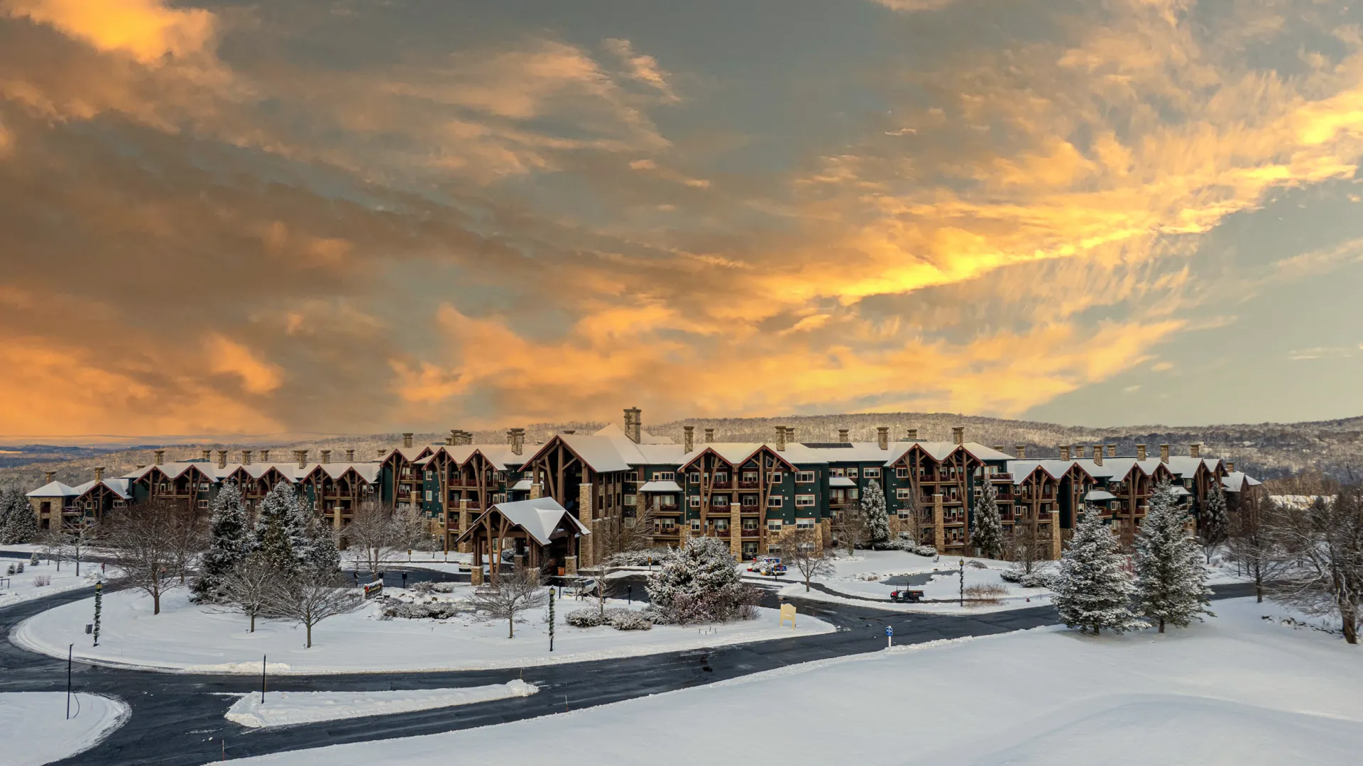 Overview during winter season of Grand Cascades Lodge at Crystal Springs Resort in NJ