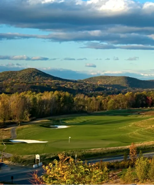 A view at sunset looking over the fairway of Cascades Golf Club at Crystal Springs Resort