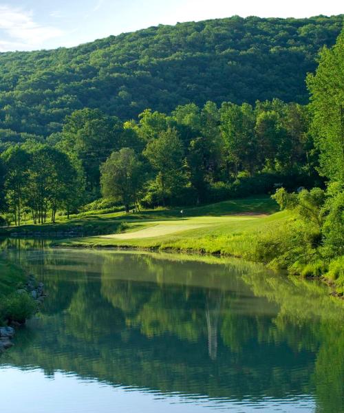 The pond at the 7th hole at Black Bear golf course at Crystal Springs Resort