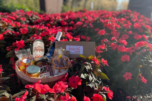 Havest trail basket featuring wine, local honey, pumpkin butter, kettle corn and more. 