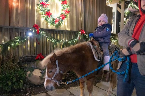 Young child riding a pony.