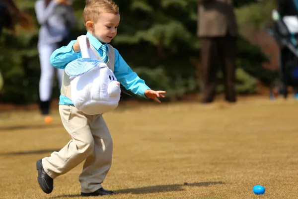 Young boy doing an easter egg hunt.