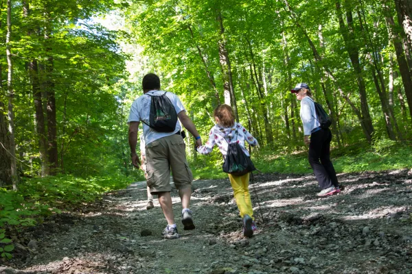 Group of people hiking up a mountain.