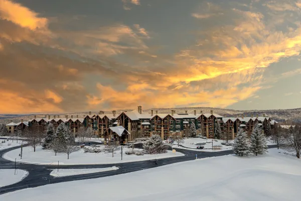 Overview during winter season of Grand Cascades Lodge at Crystal Springs Resort in NJ