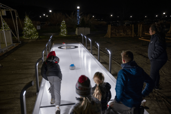 Group of people pushing curling stone down ice.