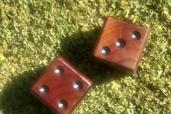 Two dice on grass.