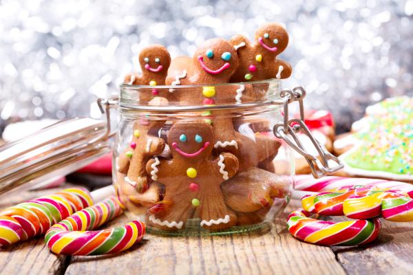 Decorated gingerbread cookes in a jar.