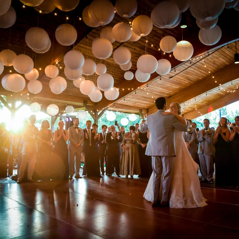 Beautiful outdoor wedding reception in Sweetgrass Pavillion at Crystal Springs Resort in NJ