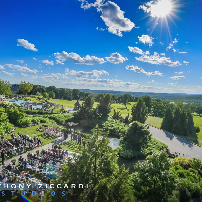 Overhead of wedding garden looking to the mountains in the distance