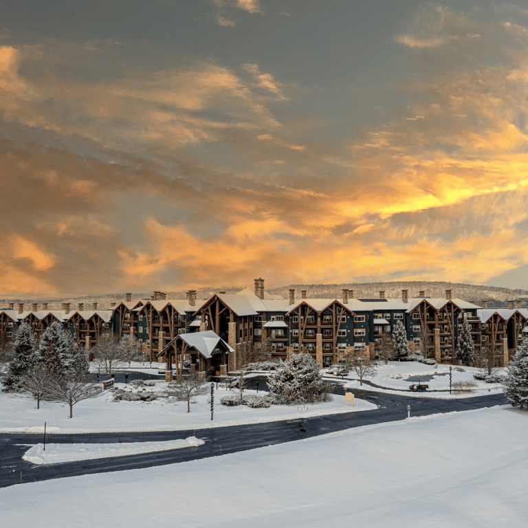 Overview during winter season of Grand Cascades Lodge at Crystal Springs Resort in NJ