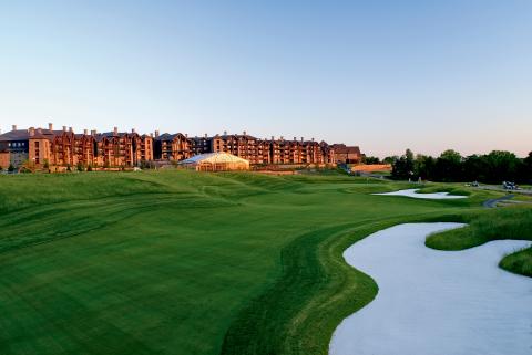 A sunset view of Grand Cascades Lodge from the golf course of Cascades in New Jersey