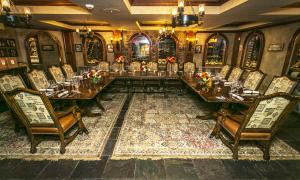 Wine cellar dining room setup. 