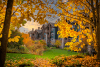 Grand Cascades Lodge exterior through fall leaves.