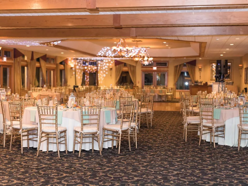 Black Bear Ballroom set up for wedding reception. 