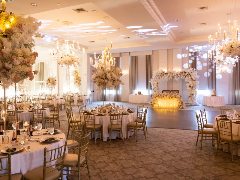 Emerald Ballroom set up for wedding reception at Grand Cascades Lodge. 