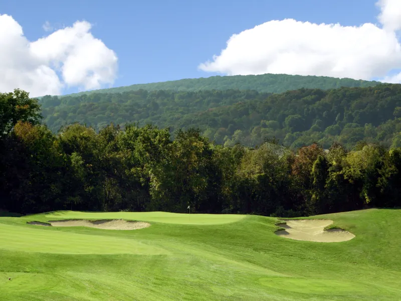 A view of the mountains from the fairway at Minerals Golf Club at Crystal Springs Resort