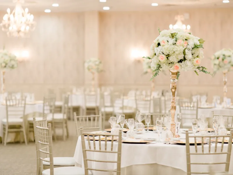 Beautiful ballroom decorated for classic wedding at Crystal Springs Resort