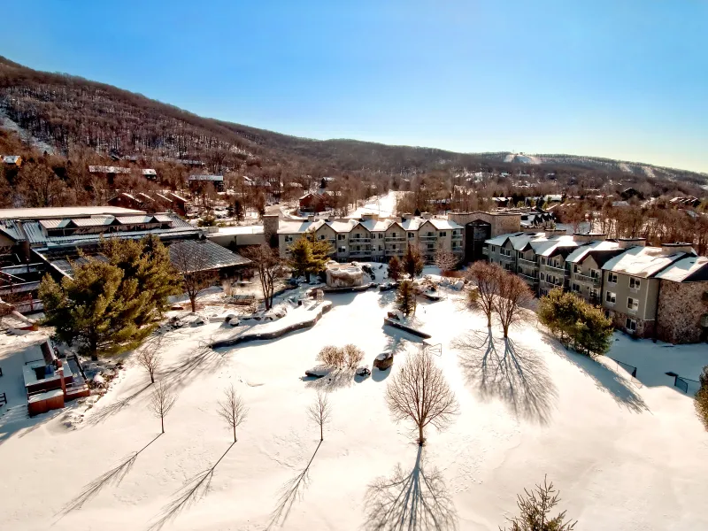 Winter overview of snowy Minerals Hotel