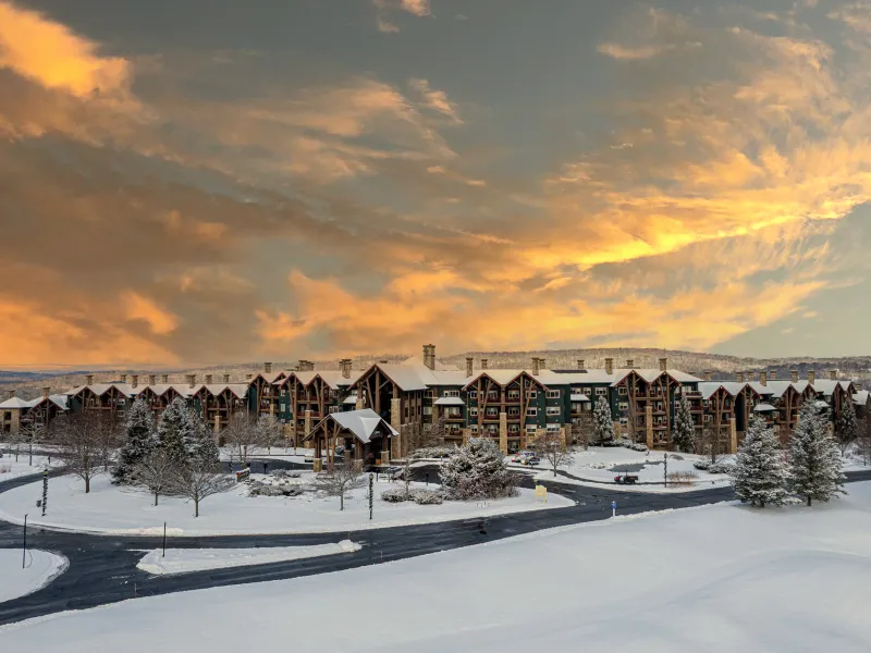 Overview during winter season of Grand Cascades Lodge at Crystal Springs Resort in NJ